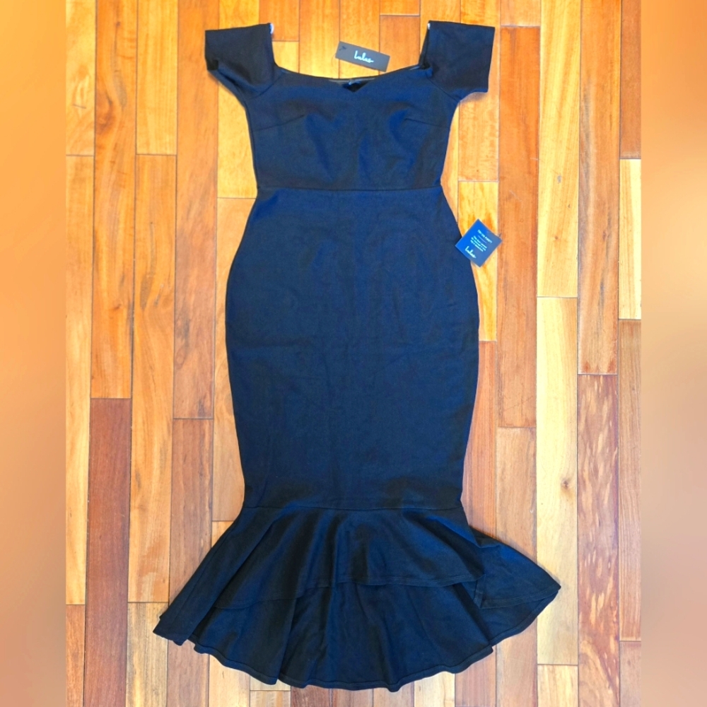 Lulu's Black M Off-Shoulder Midi Mermaid Dress Casual Gala Banquet Sleeveless